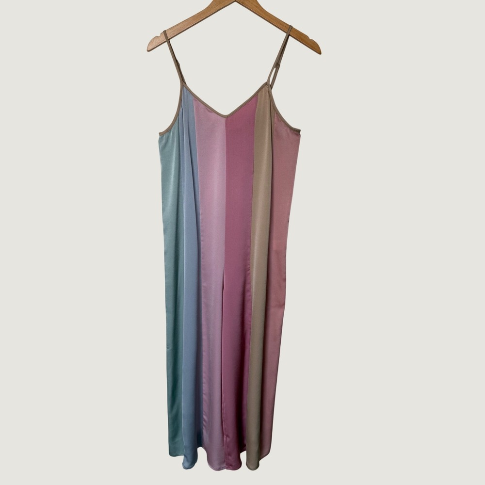 Storia Pastel Stripe Jumpsuit Small Colorblock Wide Leg Satin Beach Resort Wear - Picture 2 of 15